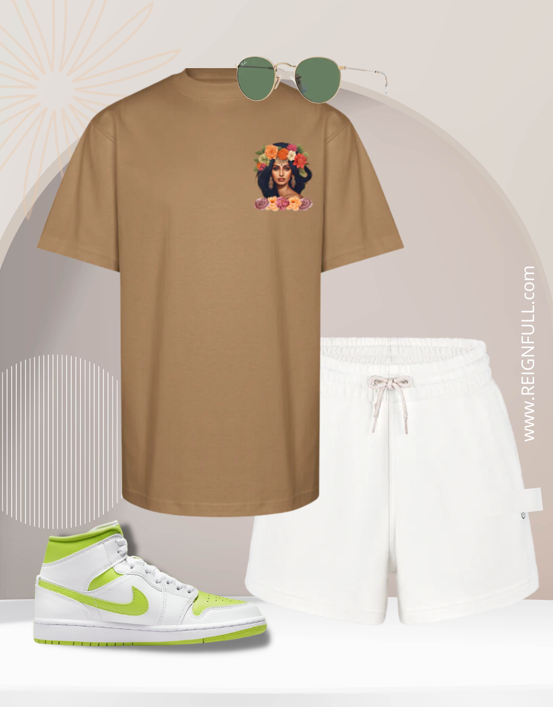 Men's outfit with graphic tee of beautiful South Asian woman.